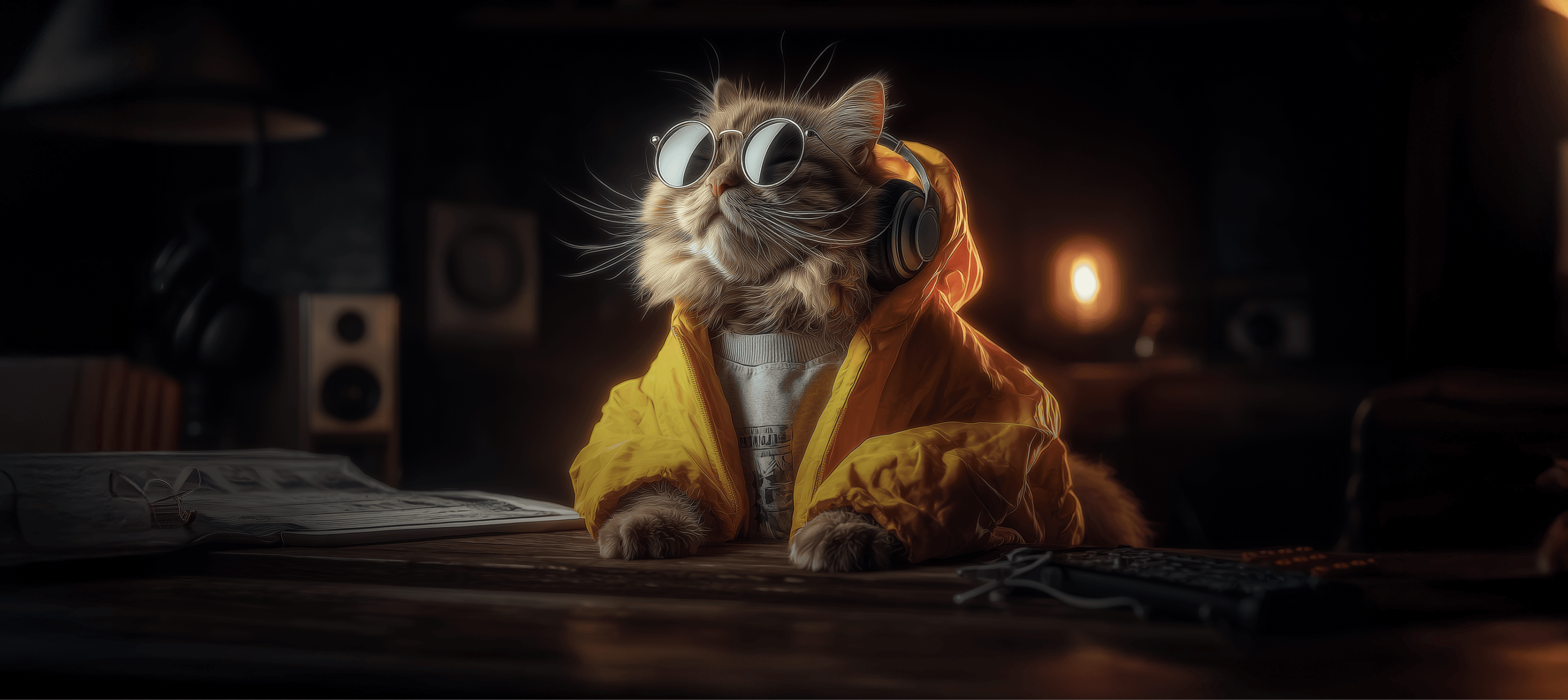 Menő kabátos macska stúdió környezetben